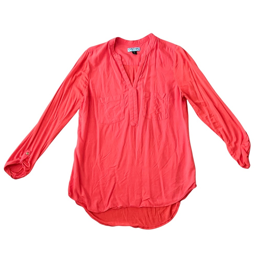 Cynthia Rowley Coral Pink Split Neck Blouse Size S